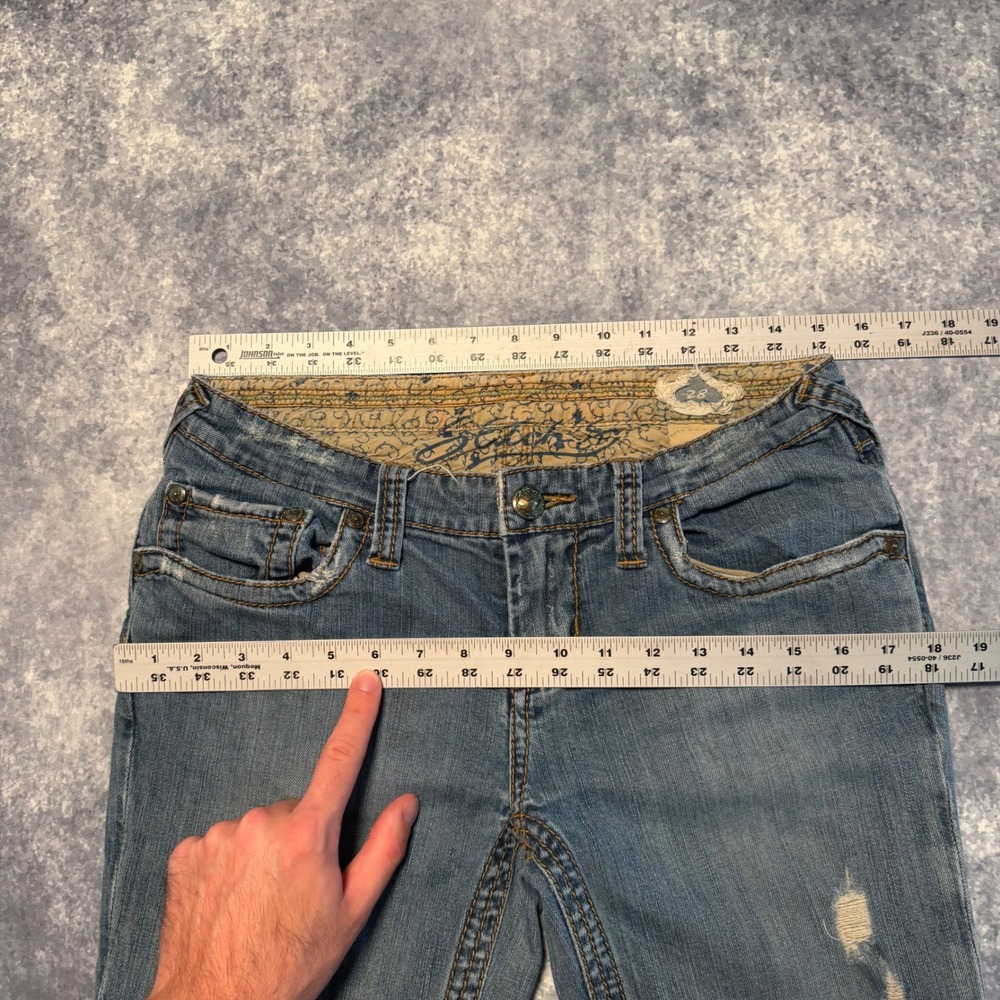 Y2K Stitch's Women Blue Distressed Bootcut Jeans Size 28 Low Rise Flap Pocket - Picture 4 of 8